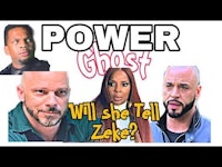 a group of people with the words power ghost will she tell zak?