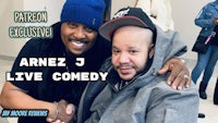 two men posing for a photo with the words arnez j live comedy